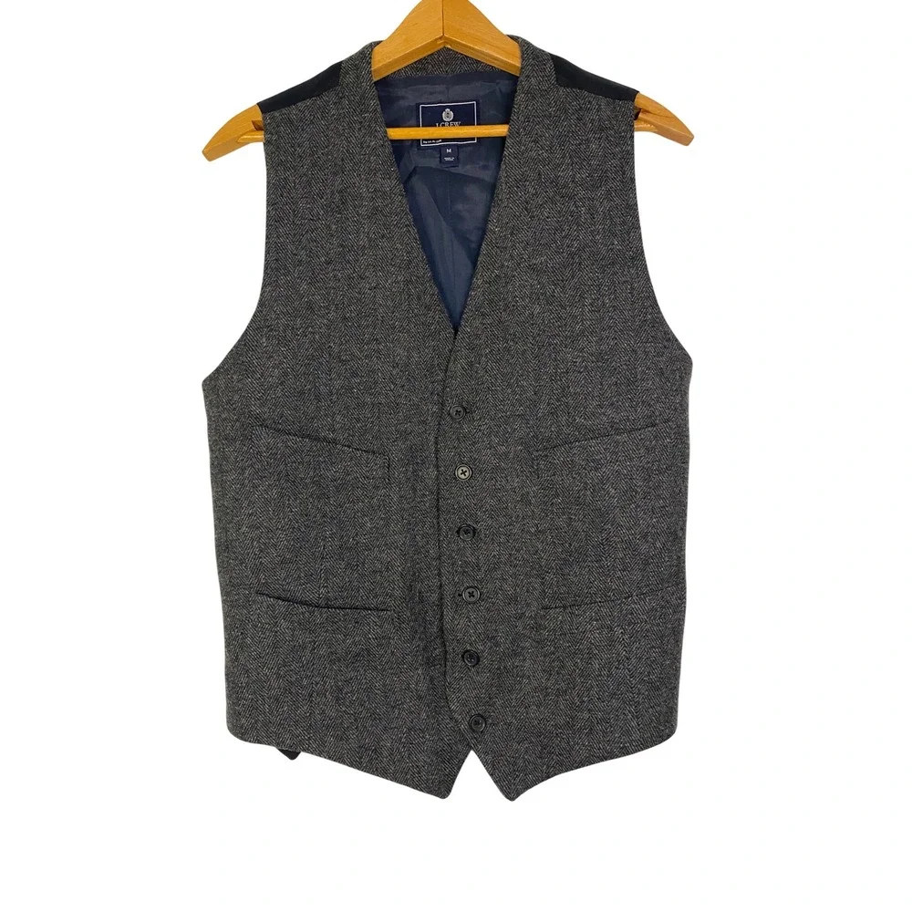 J.Crew Mens Herringbone Wool Blend Vest Gray Charcoal Size M Preppy Academia